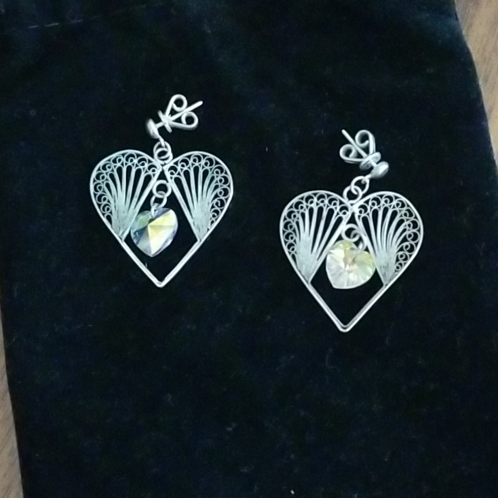 925 Silver filigree heart and crystal earrings